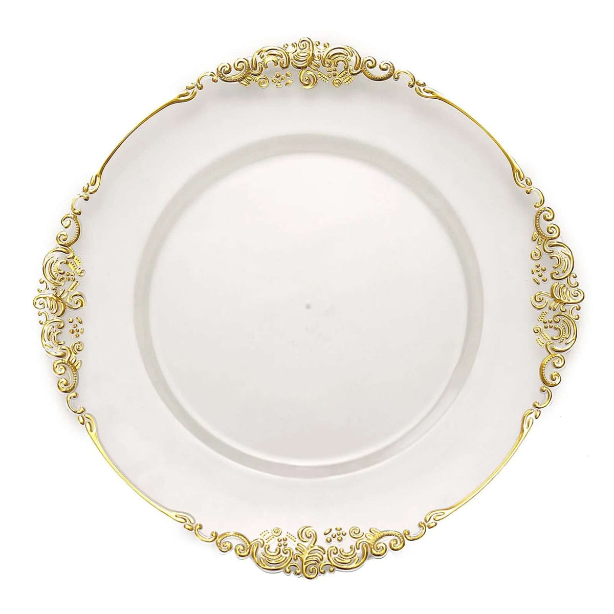 6-Pack Acrylic Charger Plates 13" Round Clear with Gold Embossed Baroque Rim - Antique Decorative Dinner Tableware